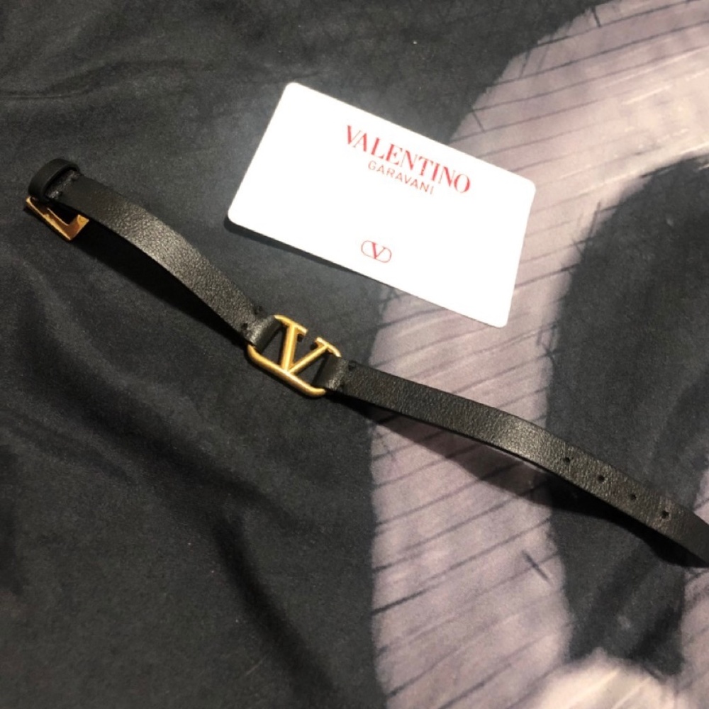 Valentino Garavani Black Calfskin and Gold Logo Bracelet